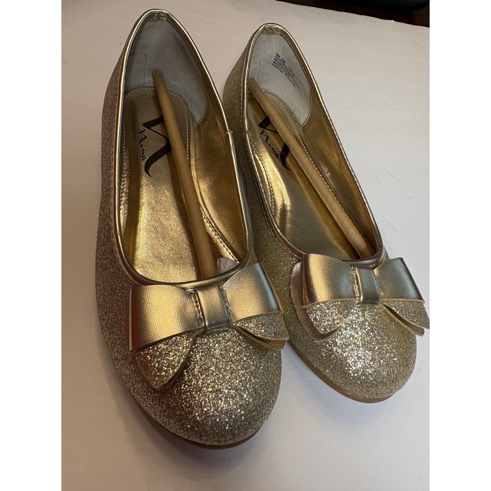 Nina Iliza Girls Gold Glitter Ballet Flats w/ Bow - Dress Shoes Size 3 Kids